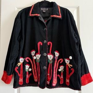 Vintage Life Style Black Corduroy Christmas Cat Jacket Size 1X